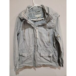 H&M L.O.G.G. Zip Up Utility Jacket Women's 6 Blue White Pinstripe Cinch Waist